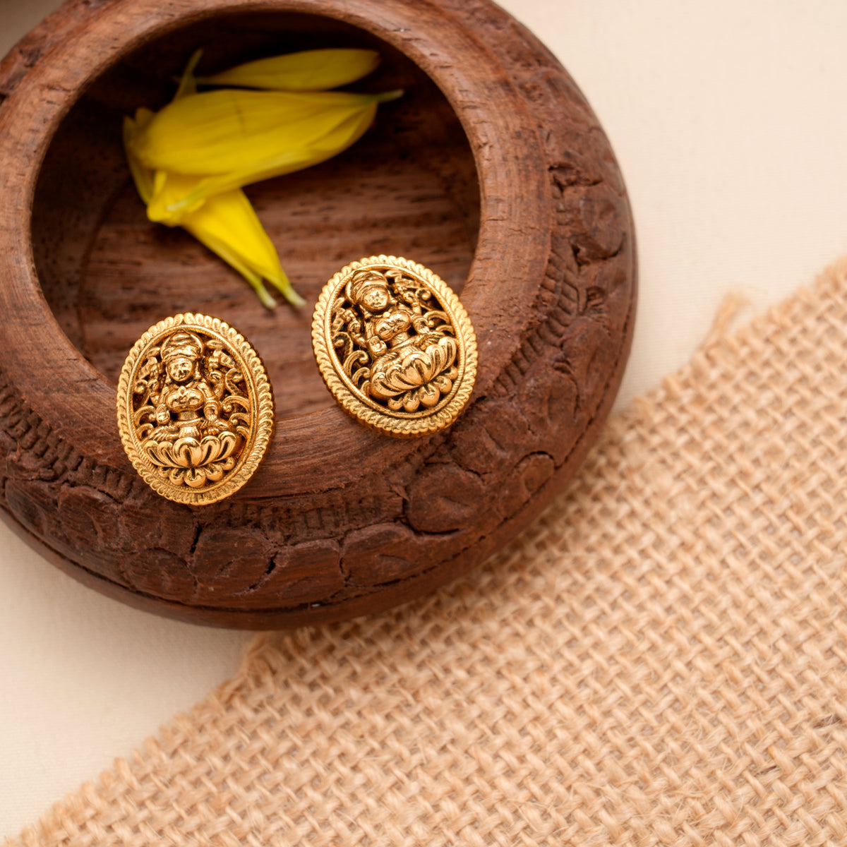 Traditional Antique Golden Oval Lakshmi Stud