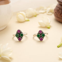 Classic Ruby Green Cluster Silver Toe Ring