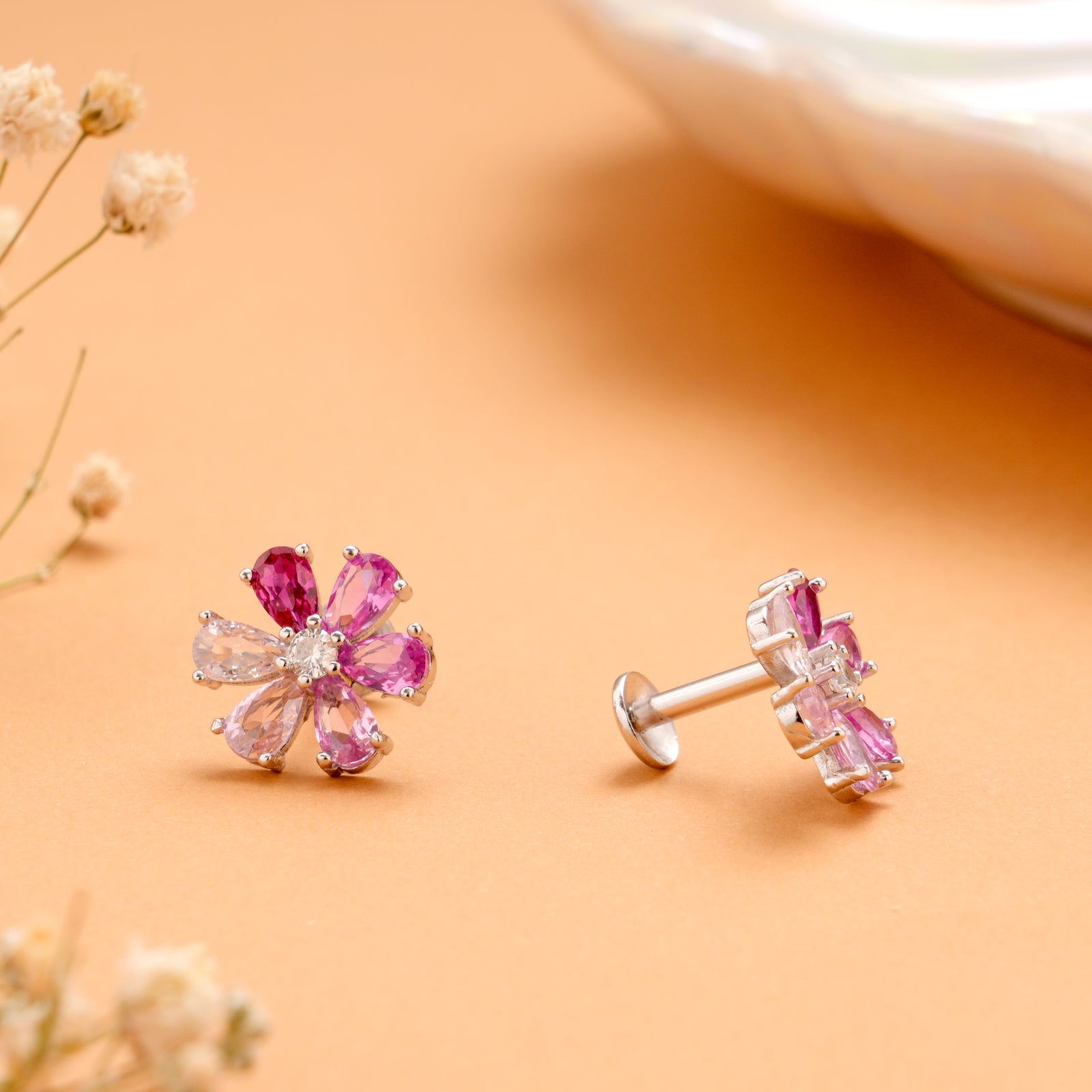 Floral Pink Stone Fancy Silver Stud