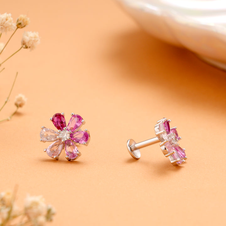 Floral Pink Stone Fancy Silver Stud