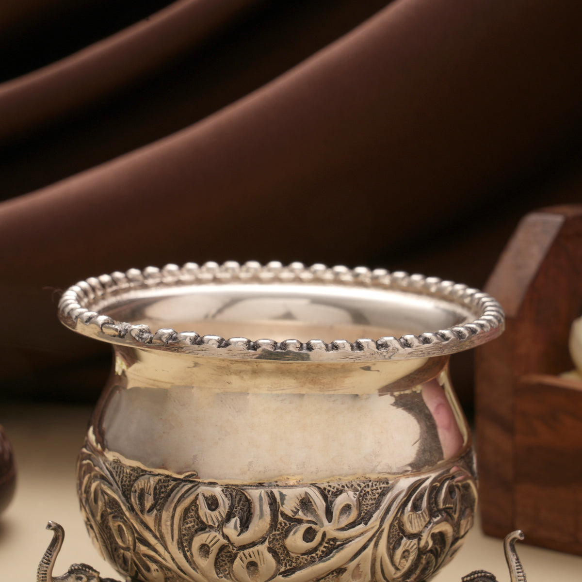 Antique Elephant Stand Floral Silver Bowl