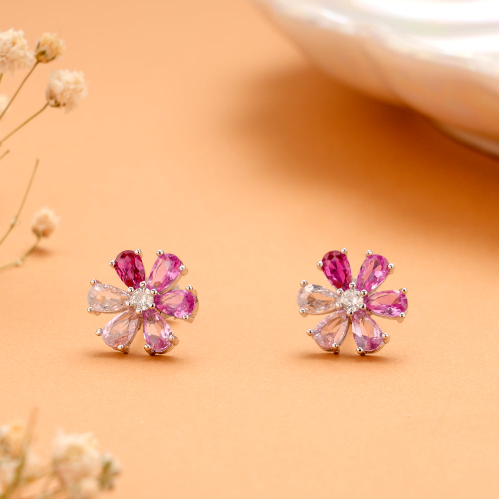 Floral Pink Stone Fancy Silver Stud