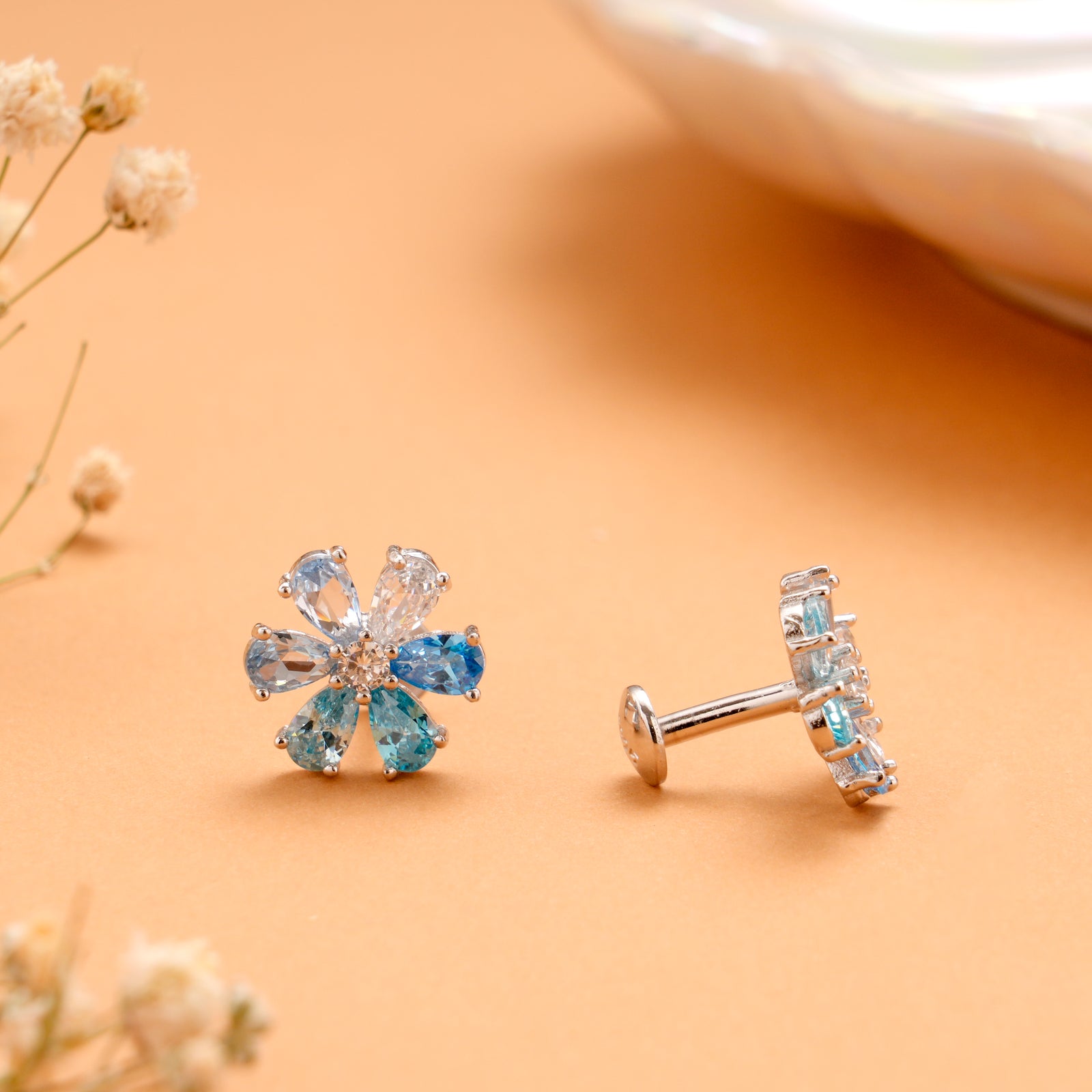 Cute Dual Blue Stone Blossom Silver Stud