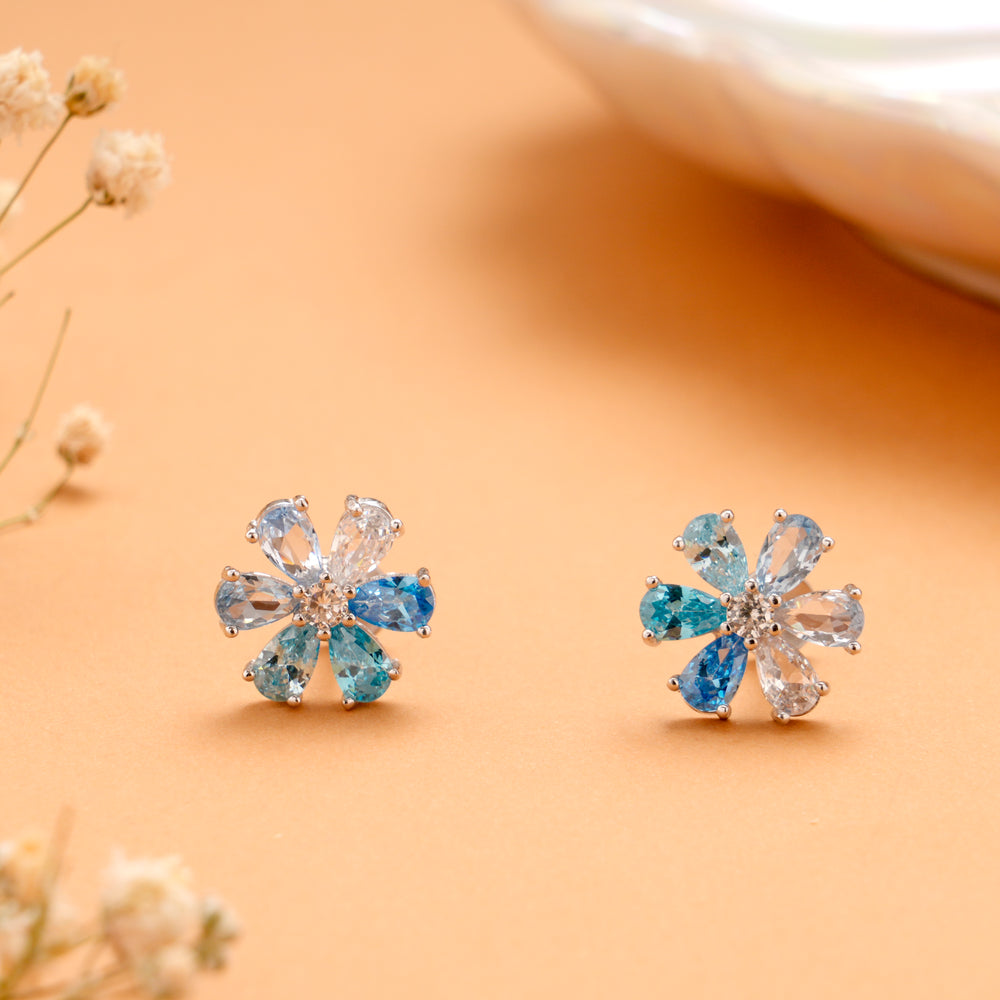 Cute Dual Blue Stone Blossom Silver Stud