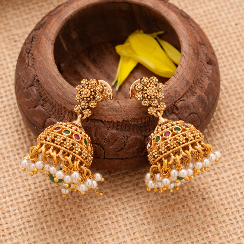 Classic Temple Jewellery Floral Golden Jhumkas