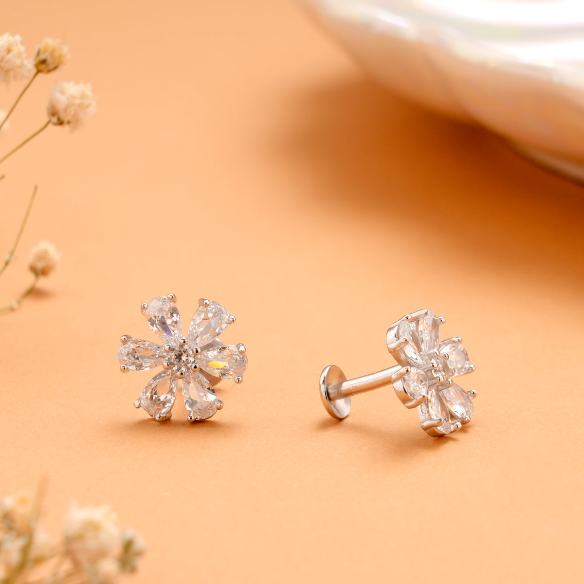 Vibrant White Blossom Stone Silver Stud