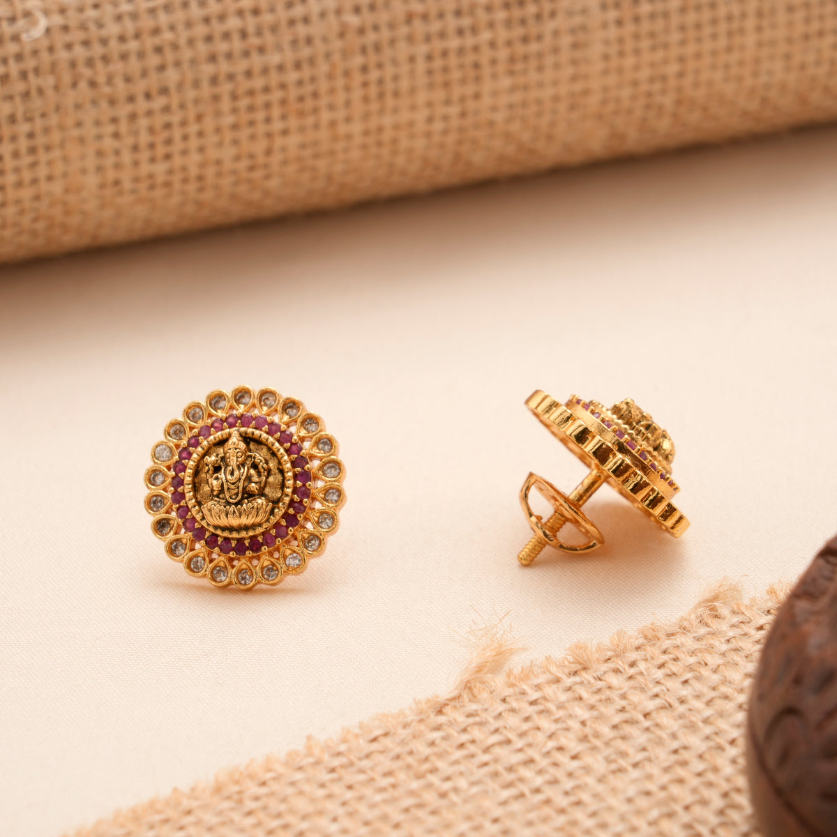 Antique Golden Vinaygar Floral Temple Stud