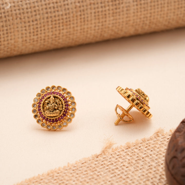 Antique Golden Vinaygar Floral Temple Stud