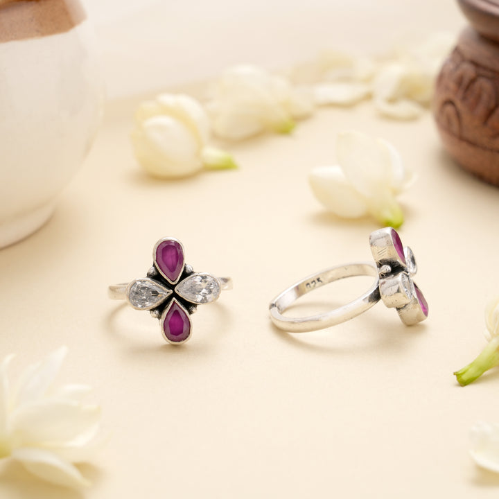 Ruby Crystal Cross Bloom Silver Toe Ring