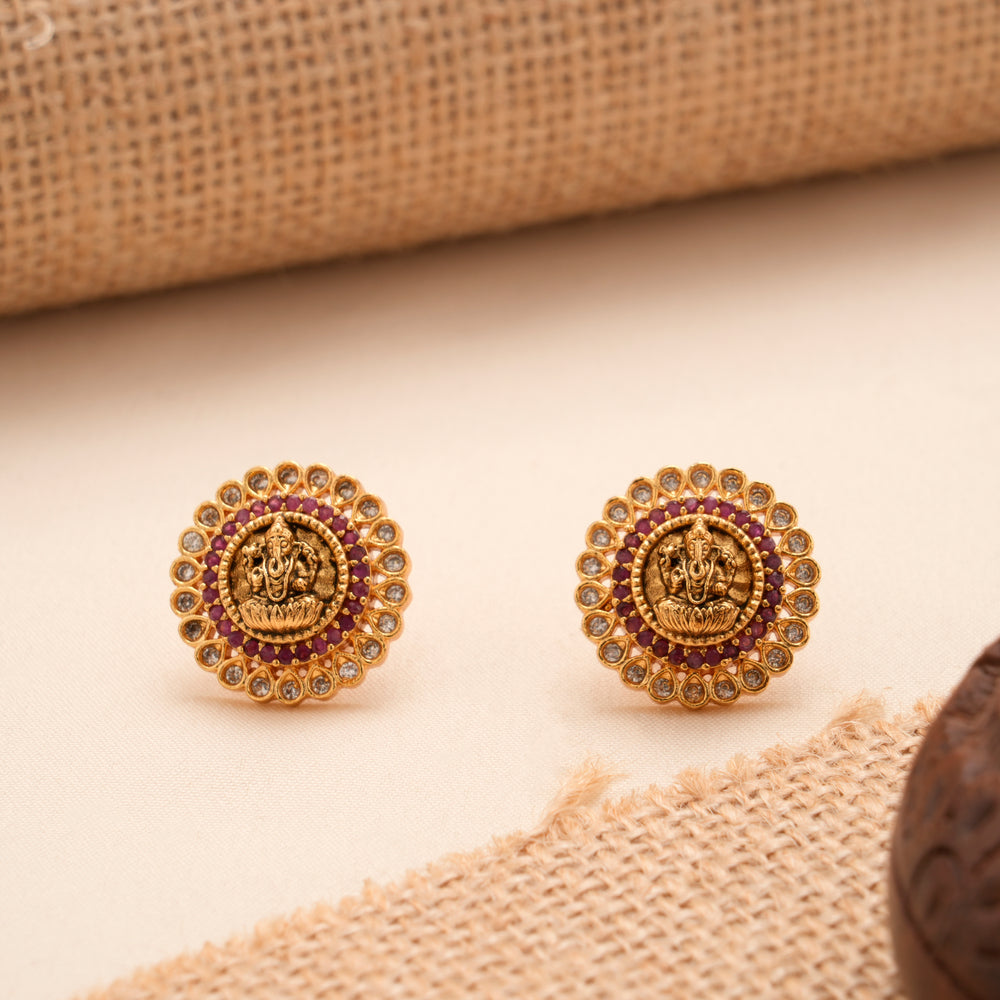 Antique Golden Vinaygar Floral Temple Stud