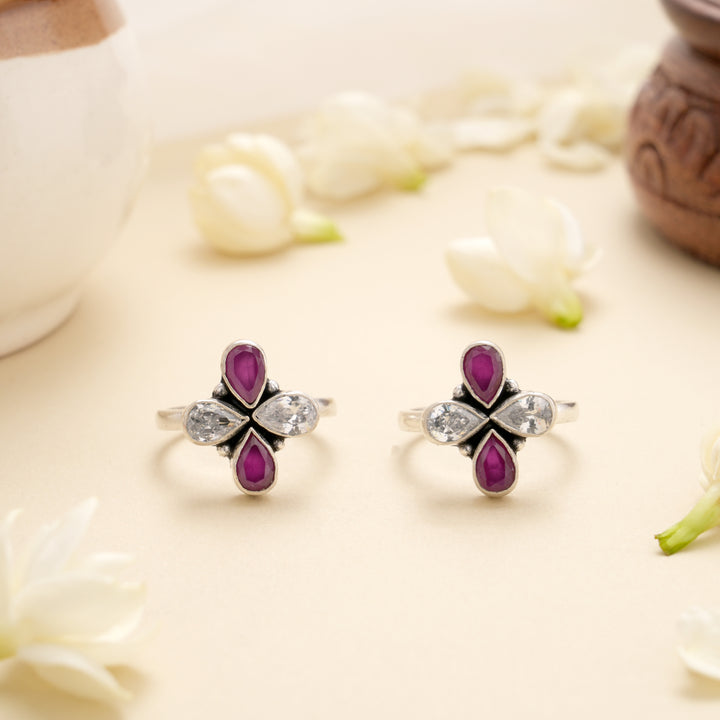Ruby Crystal Cross Bloom Silver Toe Ring