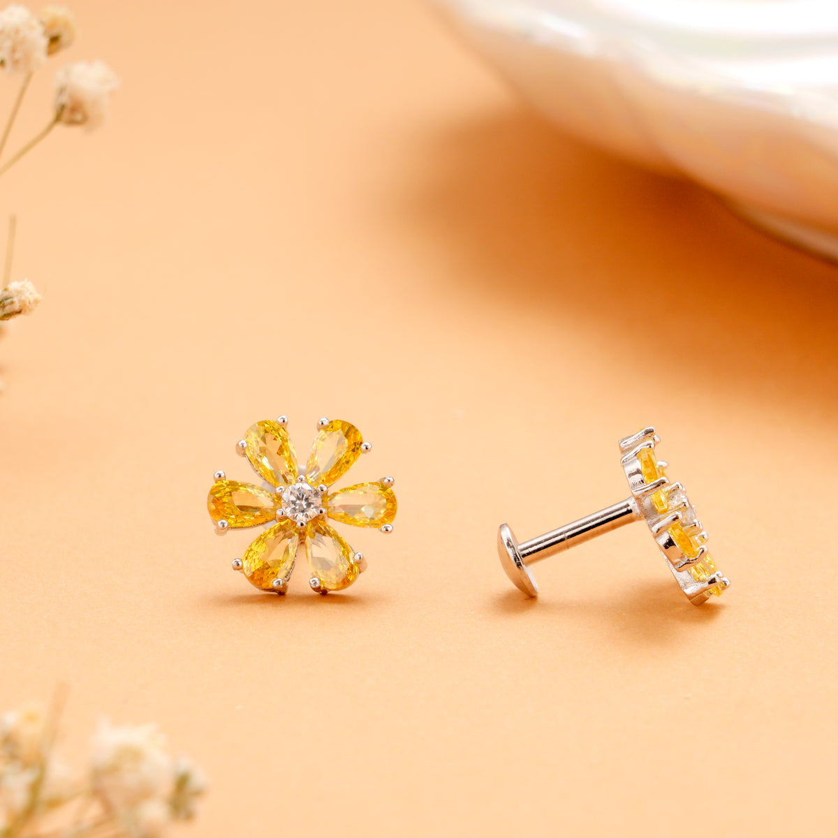 Fancy Yellow Blossom Stone Silver Stud