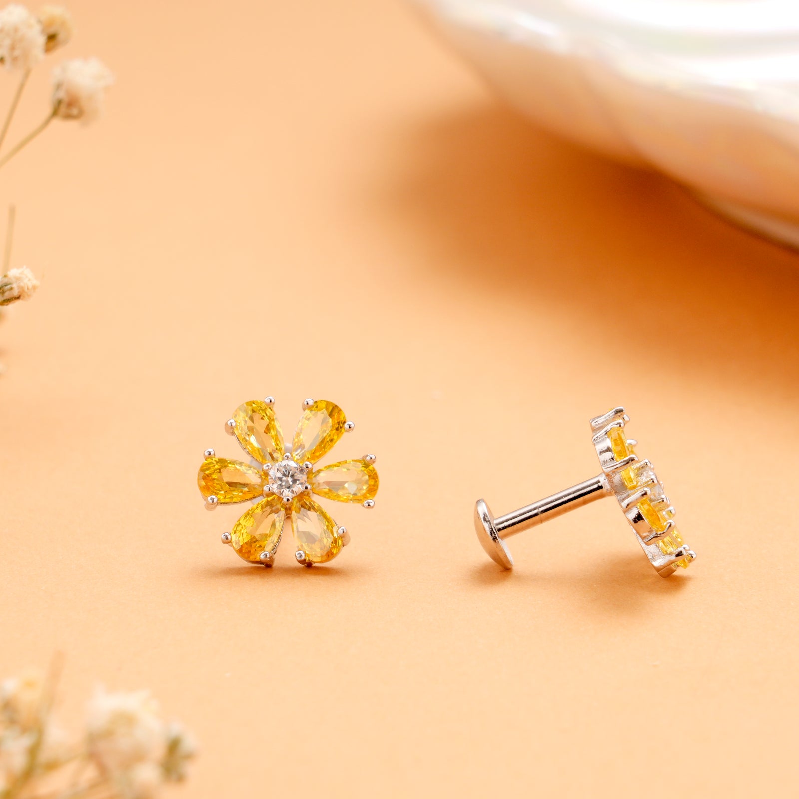 Fancy Yellow Blossom Stone Silver Stud