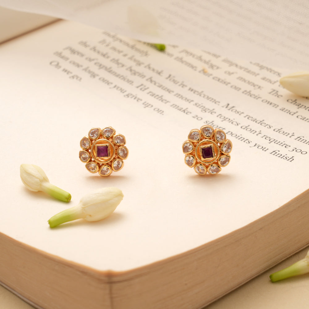 Blossom Floral Square Ruby Kundan Golden Stud