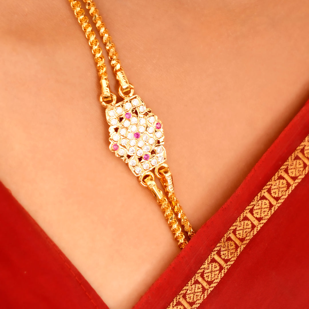 Double Layer White Stone Silver Mugappu Chain