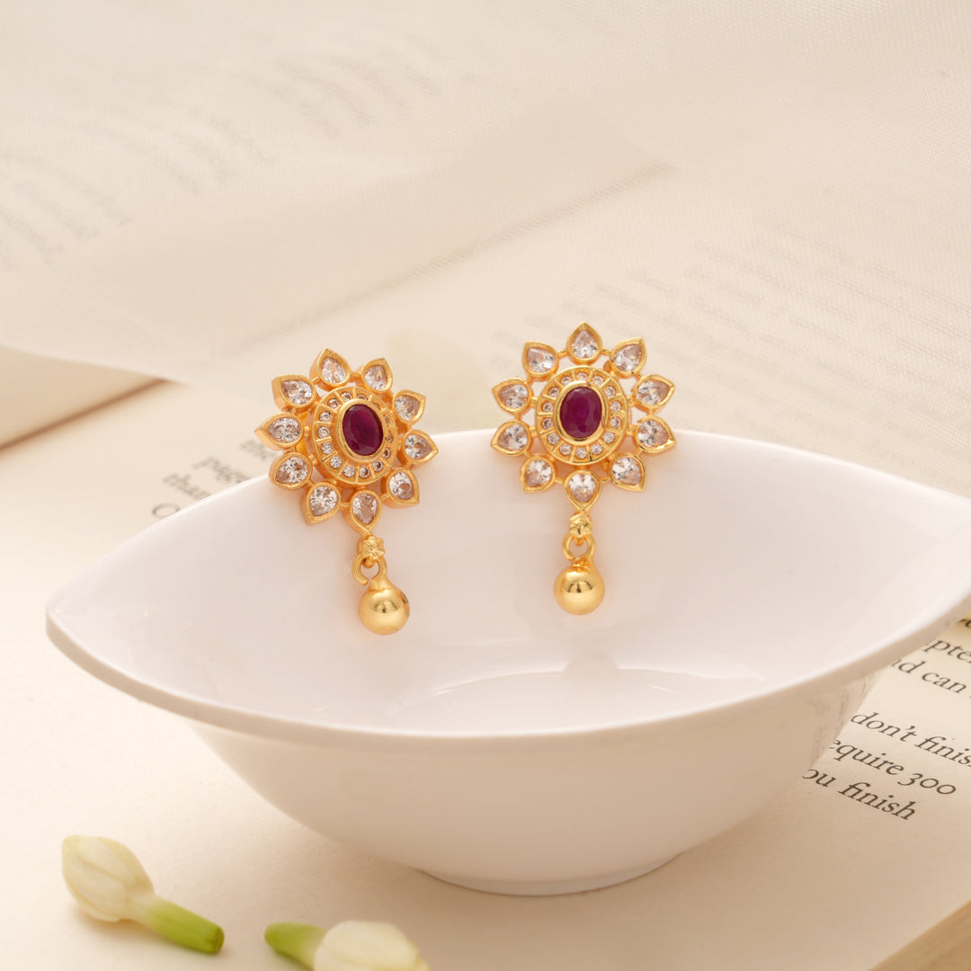 Blossom Floral Ruby Stone Golden Earring