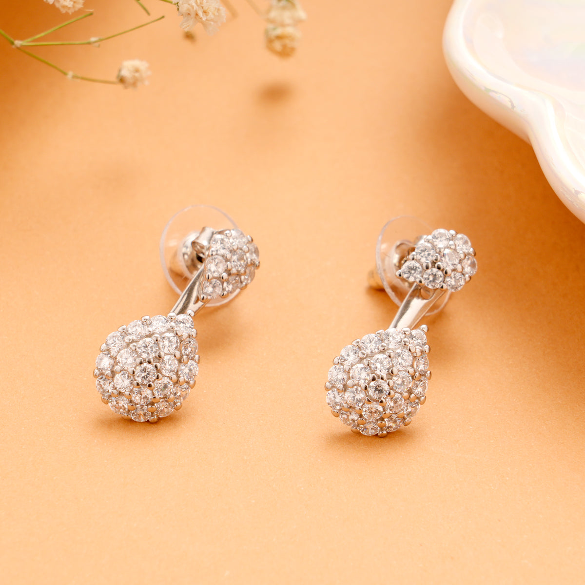 Sparkling Crystal Tear Drop Hanging Silver Stud