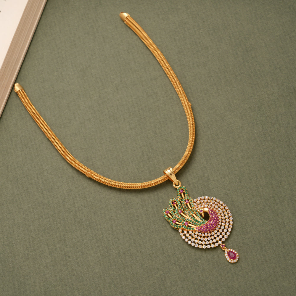 Vibrant Circular Peacock Pendant Golden Necklace
