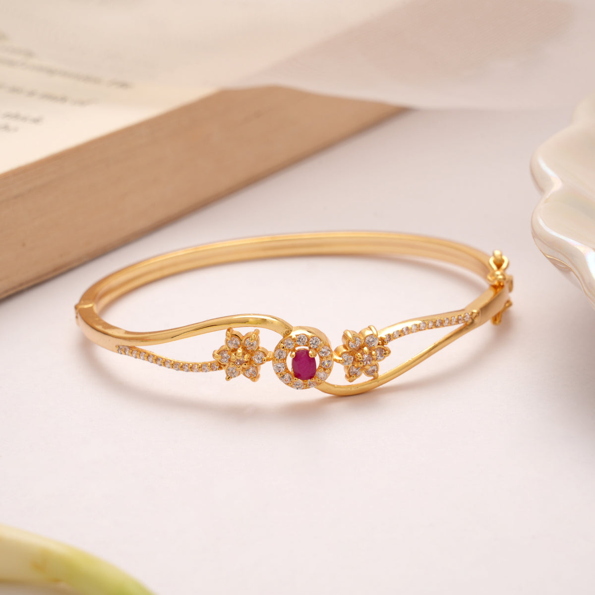 Modern Oval Ruby Floral Golden Kada