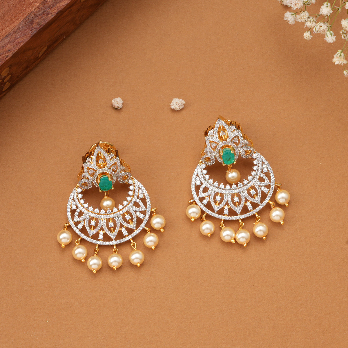 Emerald with Pearl Drop Leaf Swarovski Earrings