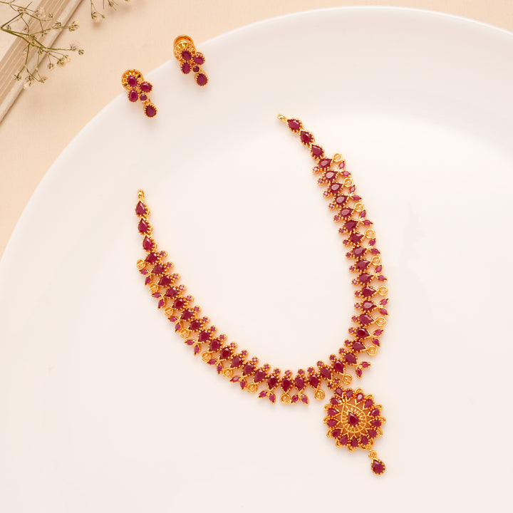 Ruby Floral Drop Silver Necklace Set