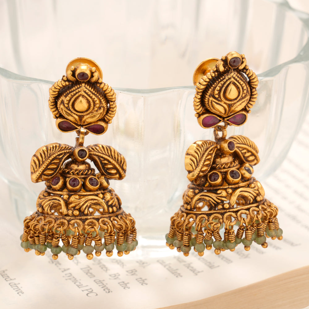 Leaf Motif Antique Temple Silver Gold Plated Jhumka