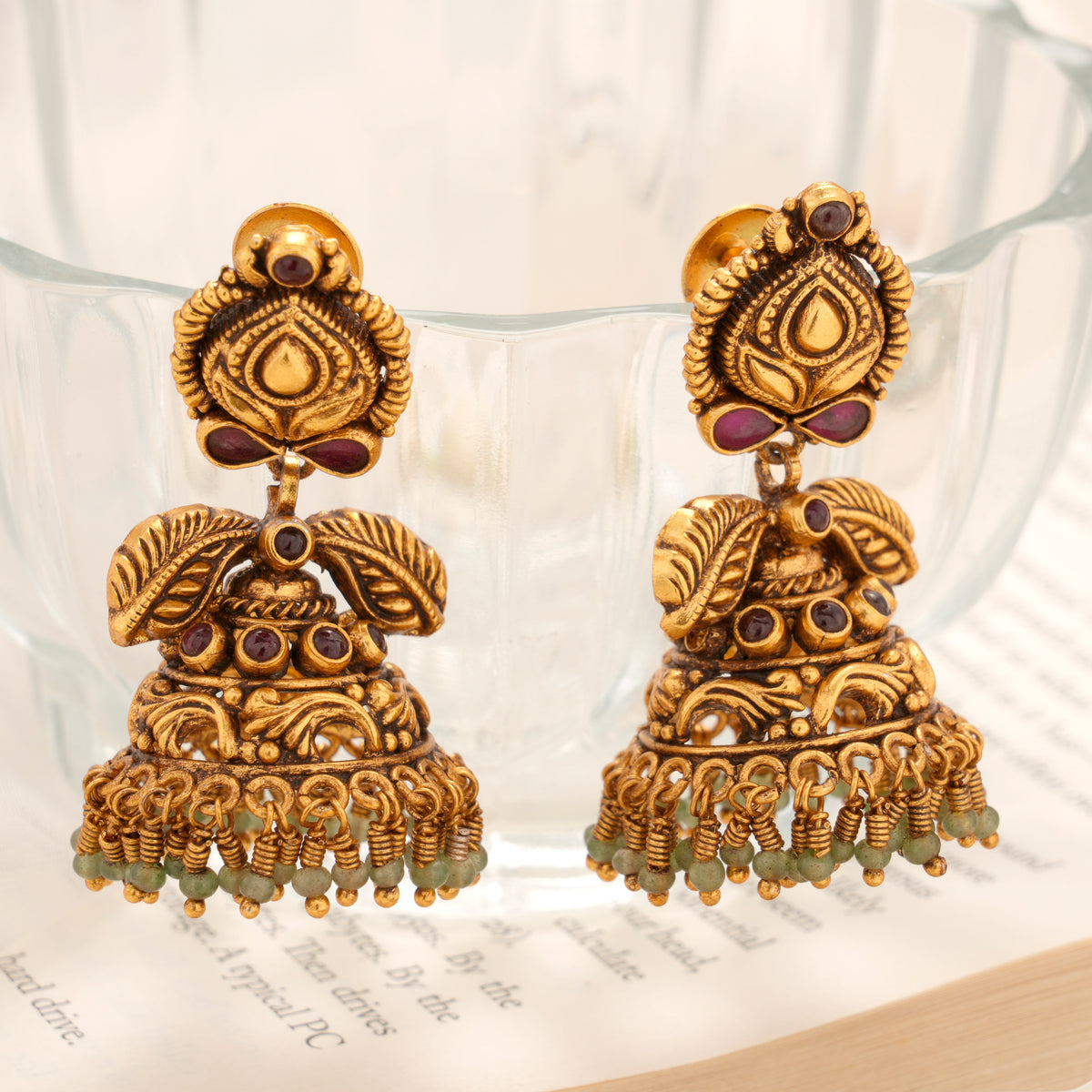 Leaf Motif Antique Temple Silver Gold Plated Jhumka