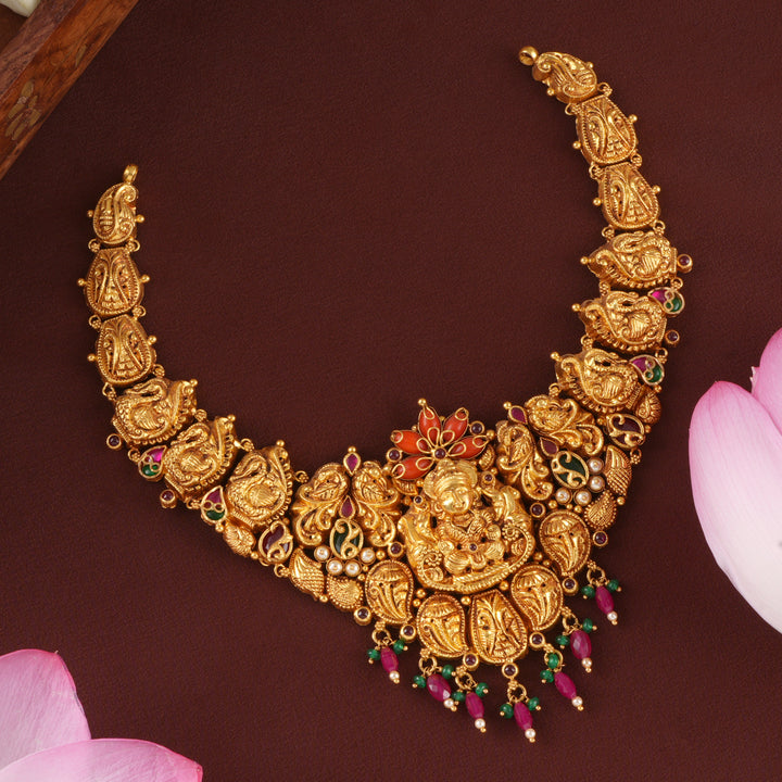 Goddess Lakshmi Ruby Bead Drops Necklace