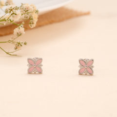 Pink Floral Enamel Silver Stud