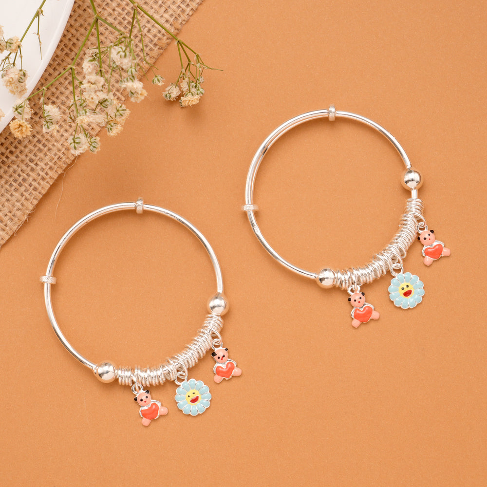 Cute Baby Doll & Blue Flower Charm Silver Bangle