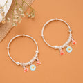 Cute Baby Doll & Blue Flower Charm Silver Bangle