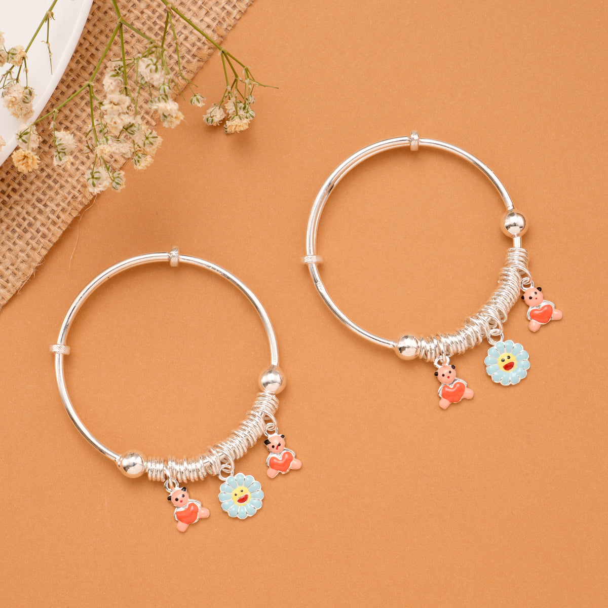 Cute Baby Doll & Blue Flower Charm Silver Bangle