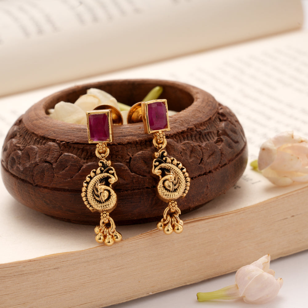 Antique Ruby Stone Dual Peacock Golden Earrings