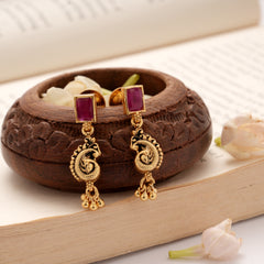 Antique Ruby Stone Dual Peacock Golden Earrings