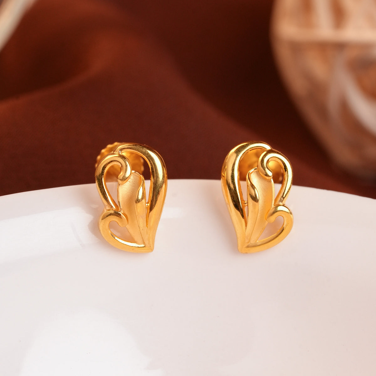 Gold Double Heart Stud Earrings with Open Cut-Work