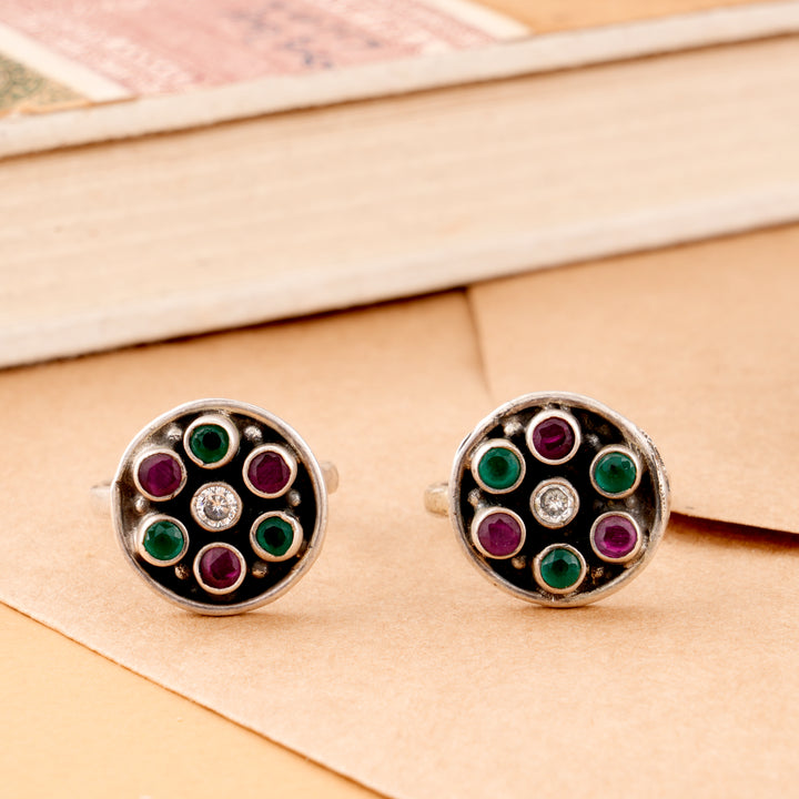 Silver Flower Design Stone Toe Ring