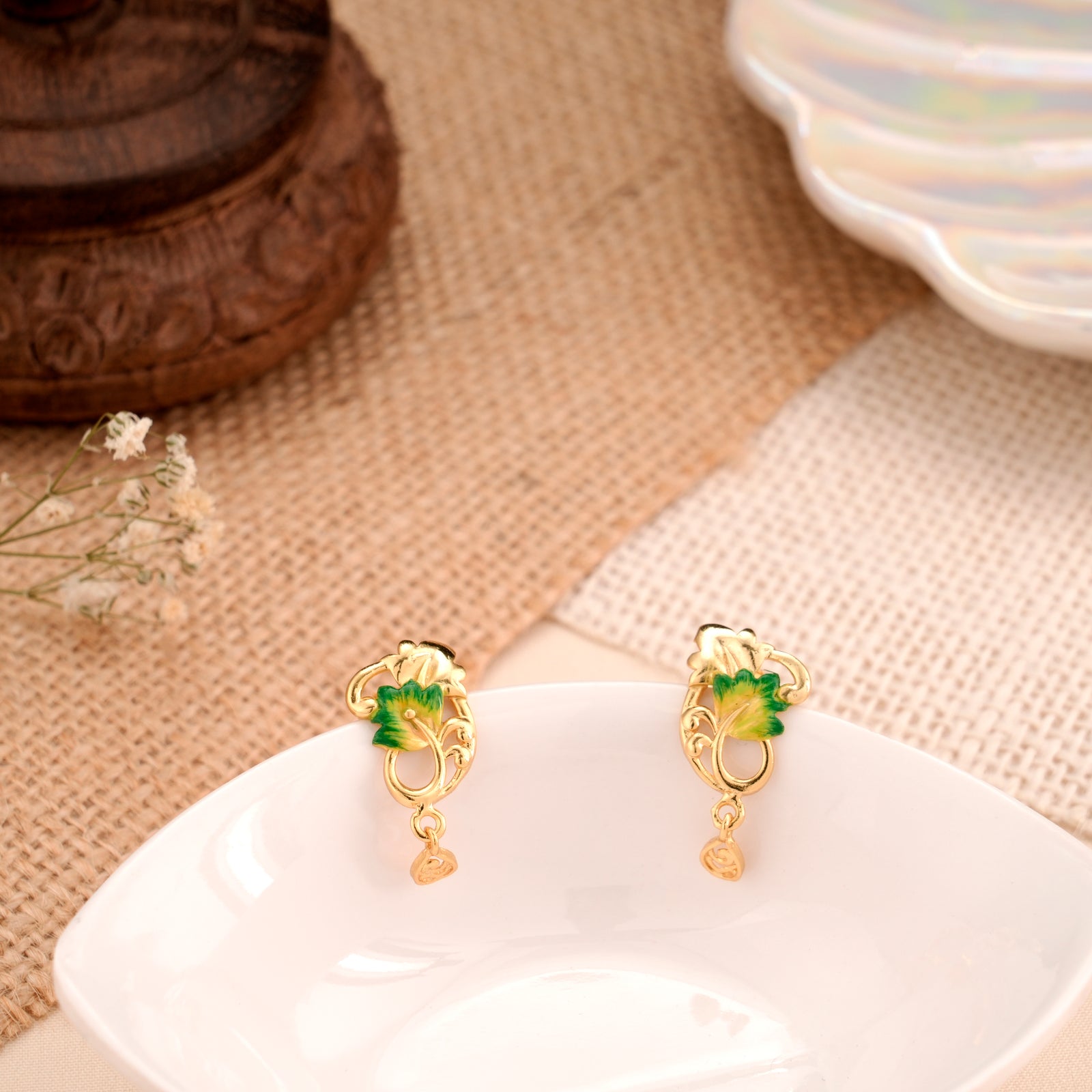 Golden Drops Leaf Design Stud Earrings