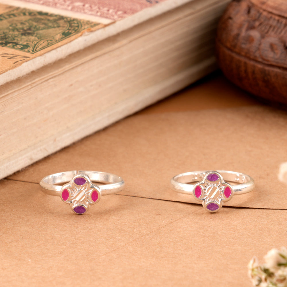 Floral Purple Enamel Silver Toe Ring