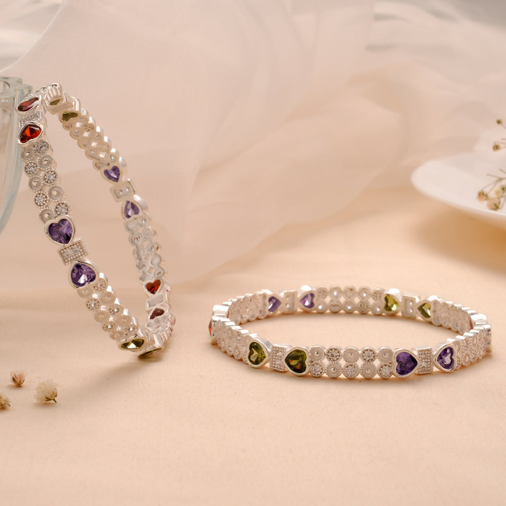 Multi Stone Heart Silver Bangle