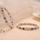 Multi Stone Heart Silver Bangle
