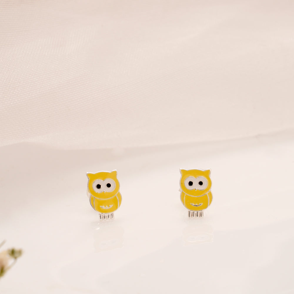 Owl Cartoon Yellow Enamel Silver Stud