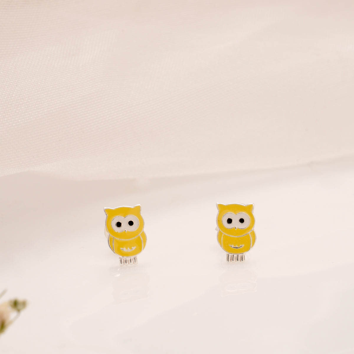 Owl Cartoon Yellow Enamel Silver Stud
