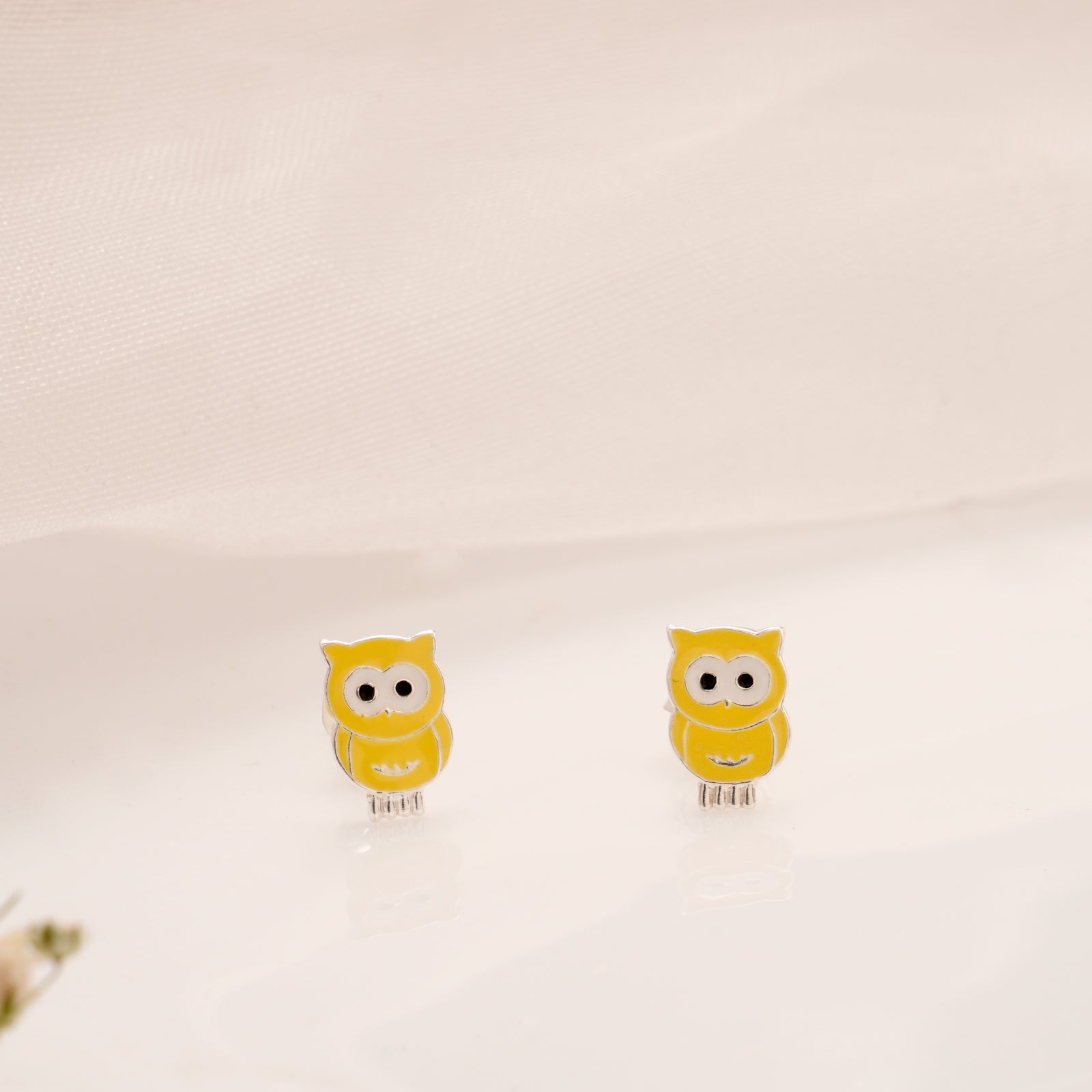Owl Cartoon Yellow Enamel Silver Stud