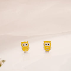 Owl Cartoon Yellow Enamel Silver Stud