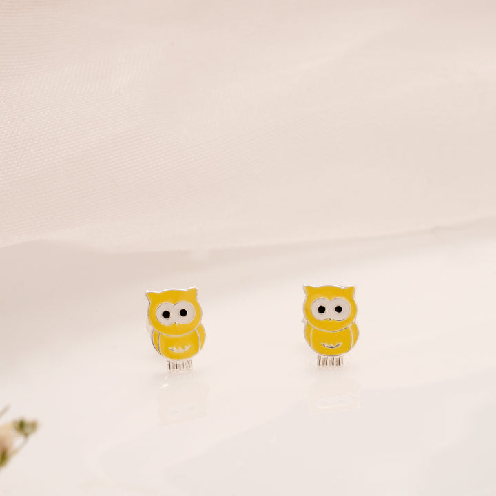 Owl Cartoon Yellow Enamel Silver Stud