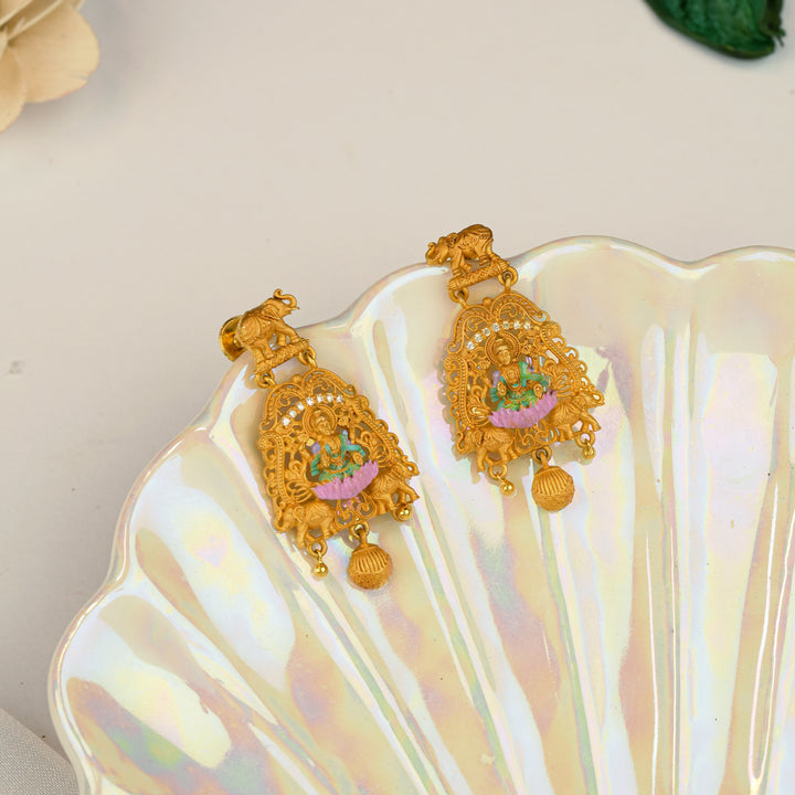 Temple Dome Lakshmi With Drop Gold Earring