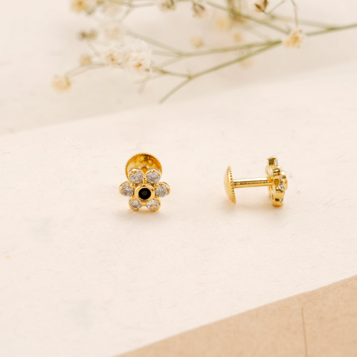 Floral Shape White Stone Golden Earring
