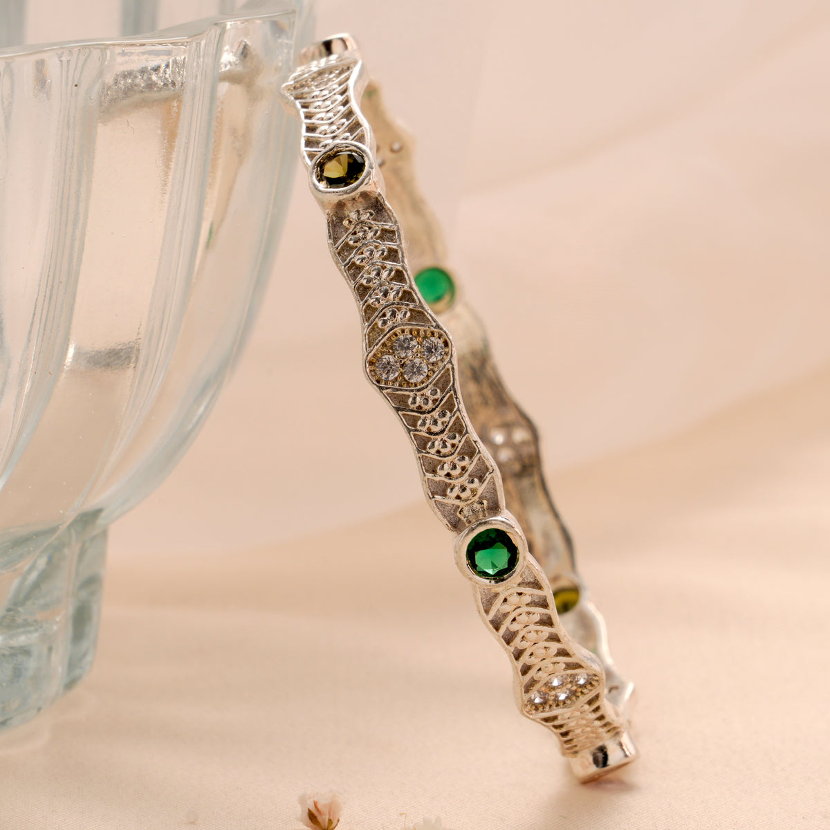 Elegant Green Stone Silver Bangle