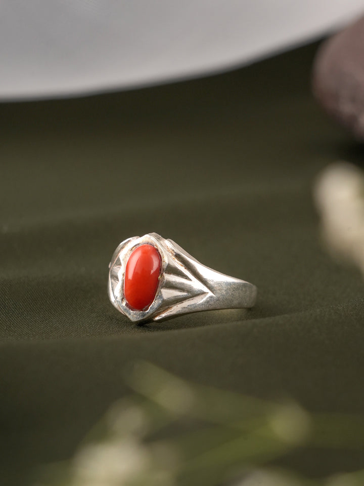 Traditional Red Coral Gemstone Silver Ring