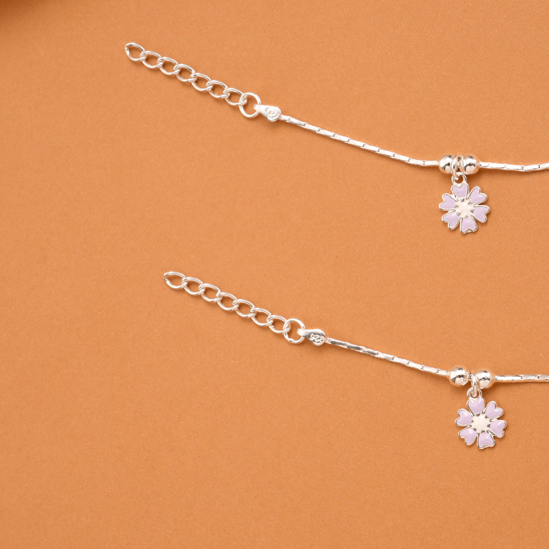 Floral Purple Enamel Silver Baby Anklets